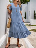 Notched Short Sleeve Tiered Midi Dress - Trendsi