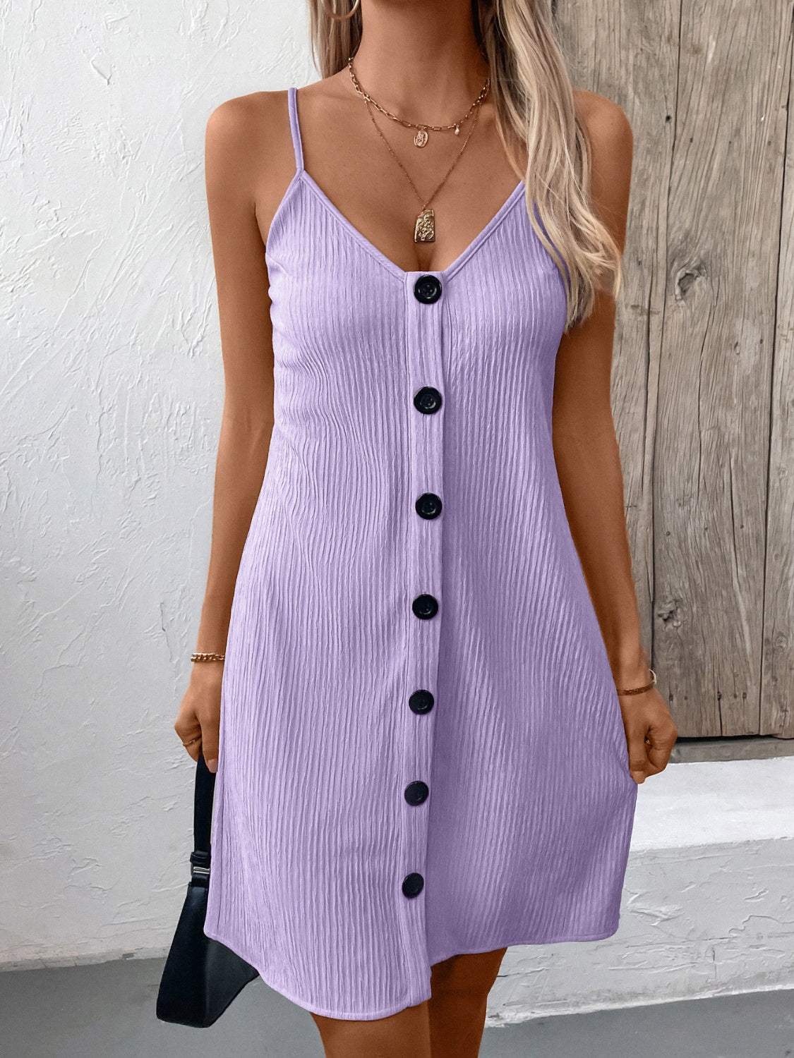 Textured V-Neck Sleeveless Mini Cami Dress - Trendsi - Flyclothing LLC