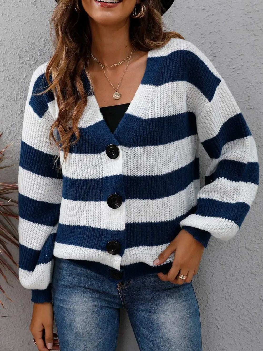 Striped Button Up Long Sleeve Sweater - Trendsi - Flyclothing LLC