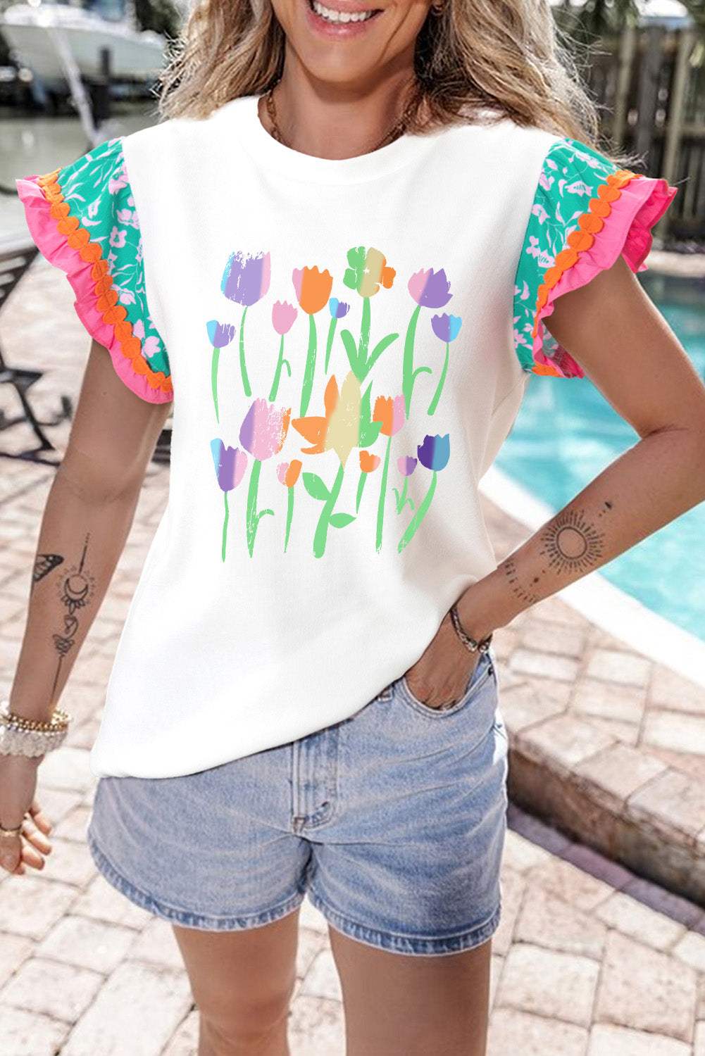 Ruffled Round Neck Cap Sleeve Top - Trendsi - Flyclothing LLC
