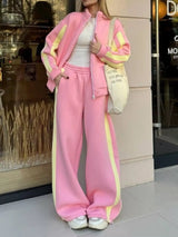 Contrast Striped Zip Up Top and Pants Set - Trendsi - Flyclothing LLC