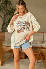 High-Low Contrast Stitching Round Neck Sweatshirt - Trendsi - Flyclothing LLC