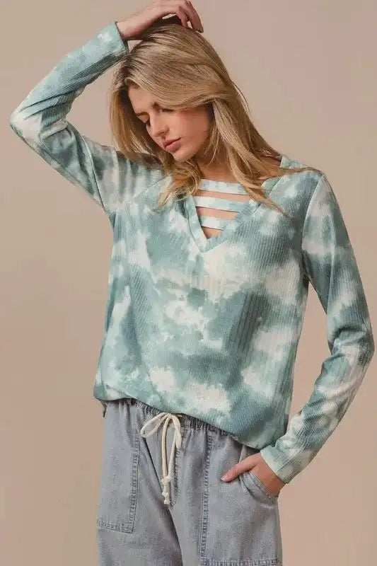 BiBi Variegated Tie Dye Rib V-Neck Top with Strapped - Trendsi - Flyclothing LLC