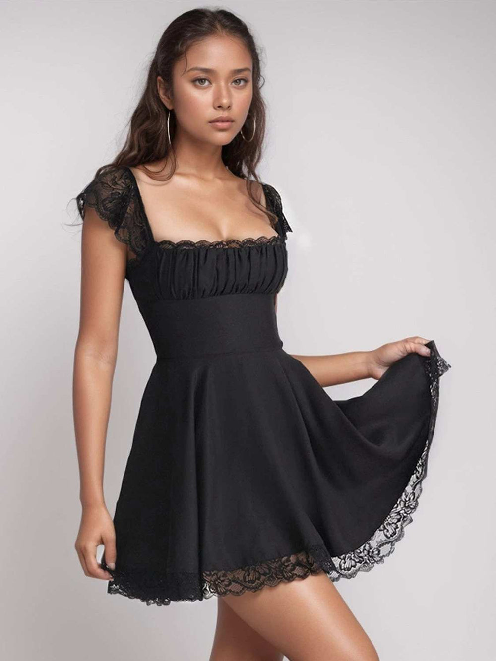 Lace Detail Square Neck Cap Sleeve Mini Dress - Trendsi - Flyclothing LLC