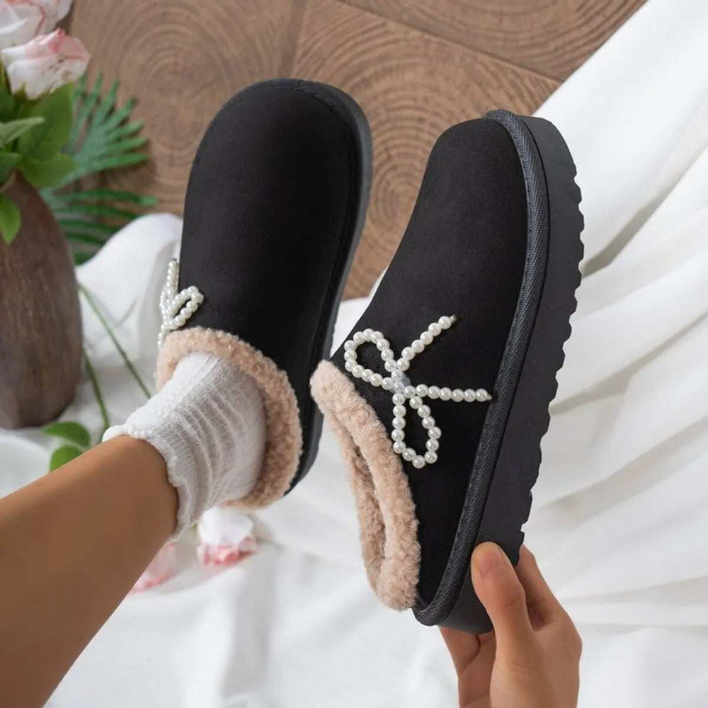 Pearl Bow Round Toe Slippers - Trendsi - Flyclothing LLC