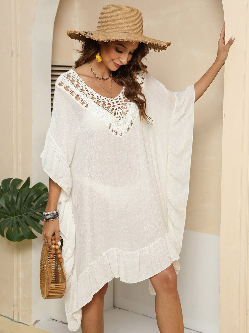 Cutout Ruffled Half Sleeve Cover-Up - Trendsi