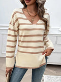 Striped V-Neck Long Sleeve Knit Top - Trendsi - Flyclothing LLC