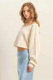 HYFVE Frayed Detail Boat Neck Long Sleeve Crop Top - Trendsi