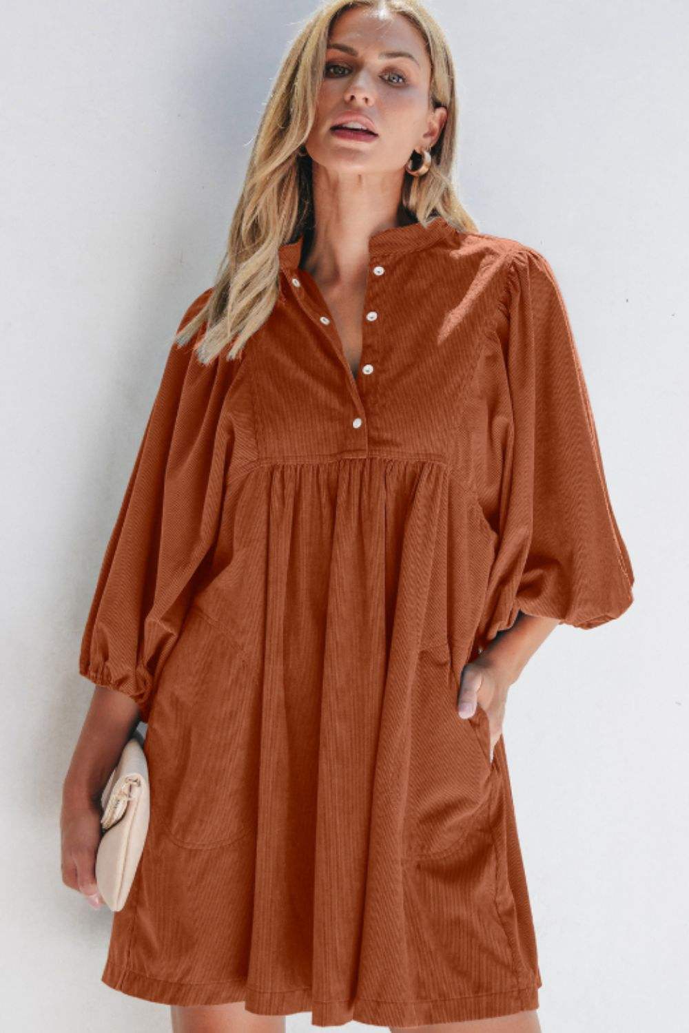 Corduroy Quarter Snap Three-Quarter Sleeve Dress - Trendsi - Flyclothing LLC