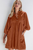 Corduroy Quarter Snap Three-Quarter Sleeve Dress - Trendsi