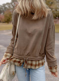 Drawstring Plaid Turtleneck Long Sleeve Top - Trendsi