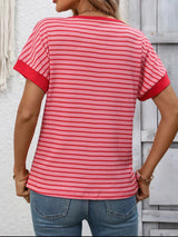 Striped Ribbed Knit Short Sleeve T-Shirt - Trendsi - Flyclothing LLC