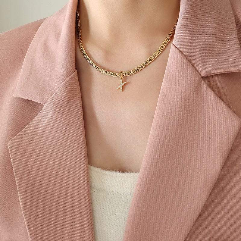 Brass Inlaid Zircon Letter Pendant Necklace - Trendsi - Flyclothing LLC