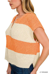 Zenana Split Neck Sleeveless Stripe Sweater - Trendsi - Flyclothing LLC