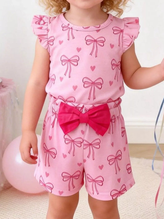 Children's Bowknot Ruffle Sleeve Top and Shorts Set - Trendsi - Flyclothing LLC