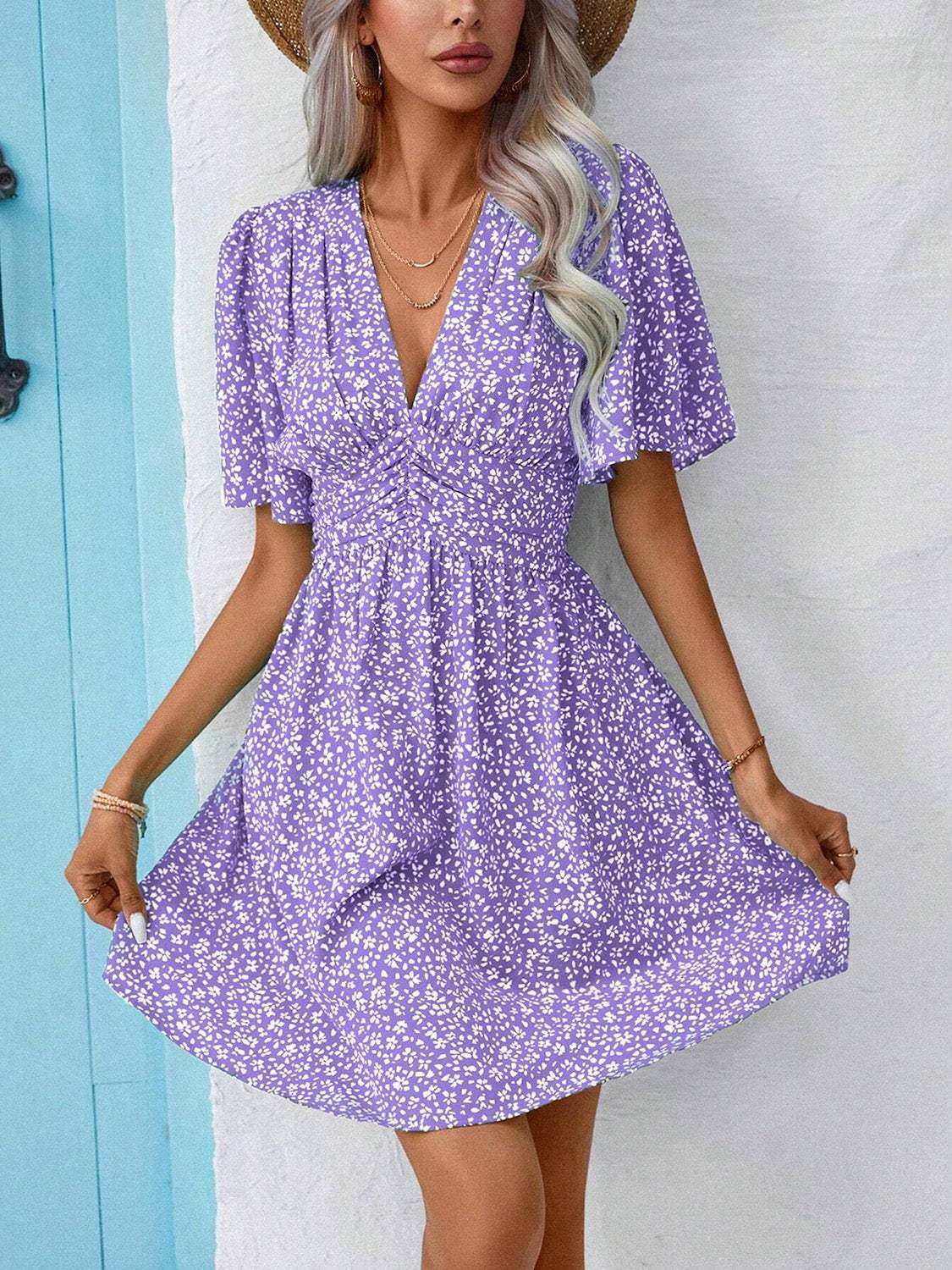 Printed V-Neck Half Sleeve Mini Dress - Trendsi - Flyclothing LLC