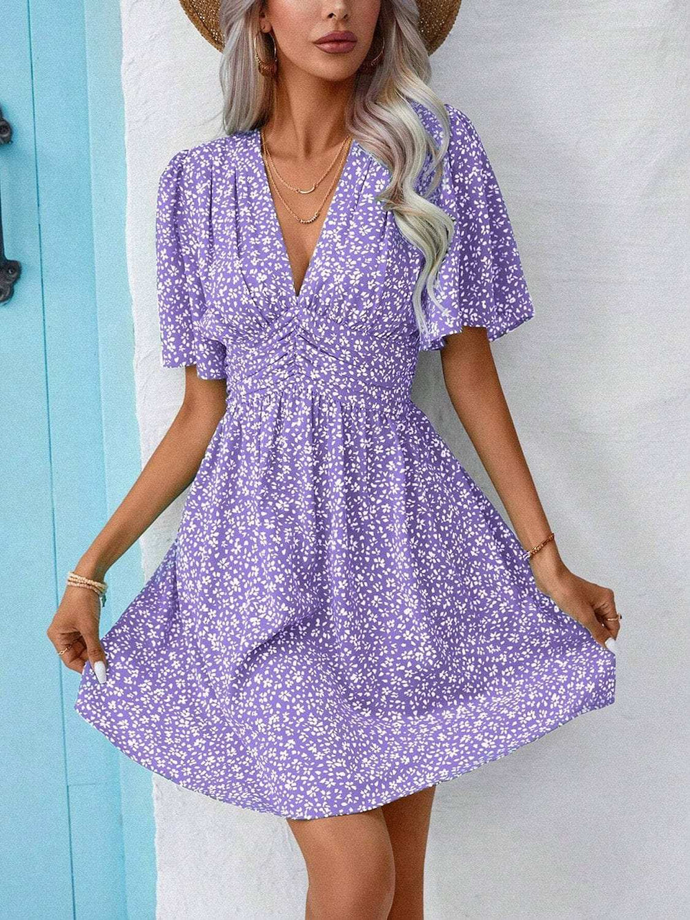 Printed V-Neck Half Sleeve Mini Dress - Trendsi - Flyclothing LLC