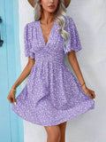 Printed V-Neck Half Sleeve Mini Dress - Trendsi - Flyclothing LLC