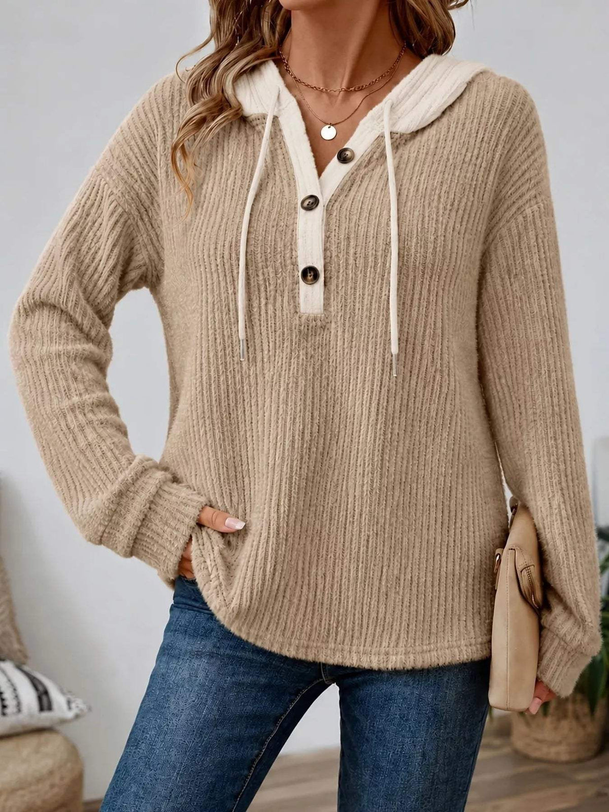 Full Size Drawstring Button Detail Hooded Sweater Plus Size - Trendsi - Flyclothing LLC
