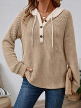 Full Size Drawstring Button Detail Hooded Sweater Plus Size - Trendsi - Flyclothing LLC