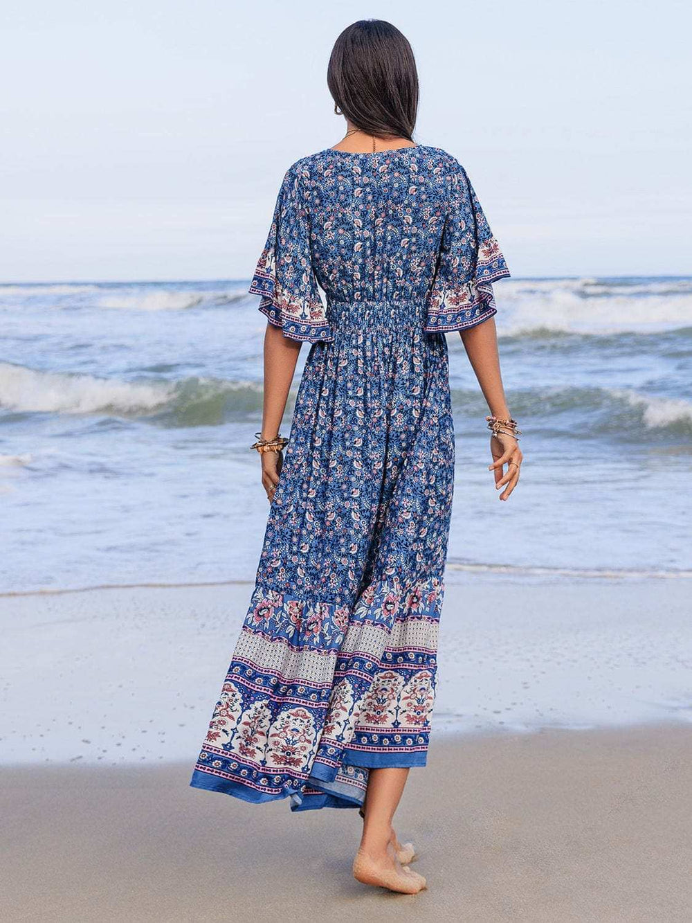 Ruched Printed Flounce Sleeve Midi Dress - Trendsi - Flyclothing LLC