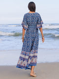 Ruched Printed Flounce Sleeve Midi Dress - Trendsi