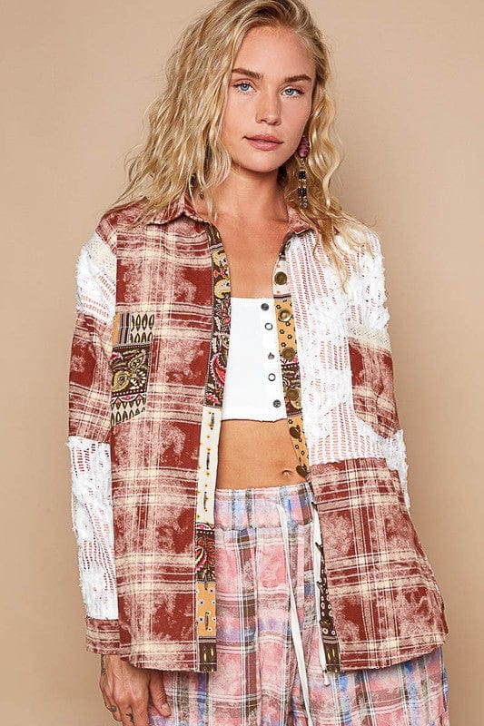 POL Crochet Plaid Patchwork Button Up Shirt - Trendsi