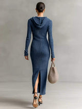 Hooded Knit Maxi Dress with Button-Up Placket and Chest Pockets - Trendsi - Flyclothing LLC