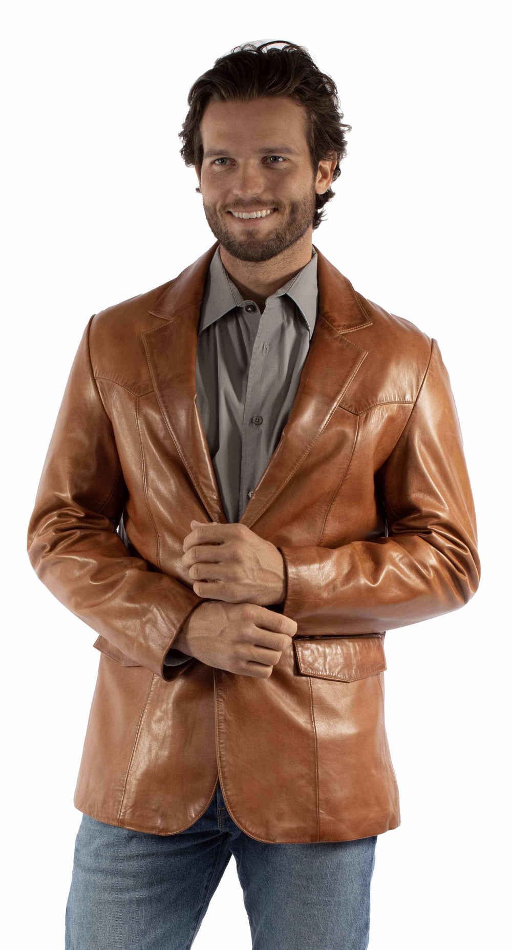 leatherwear mens antique cognac 100% leather mens blazer - Scully Leather - Flyclothing LLC