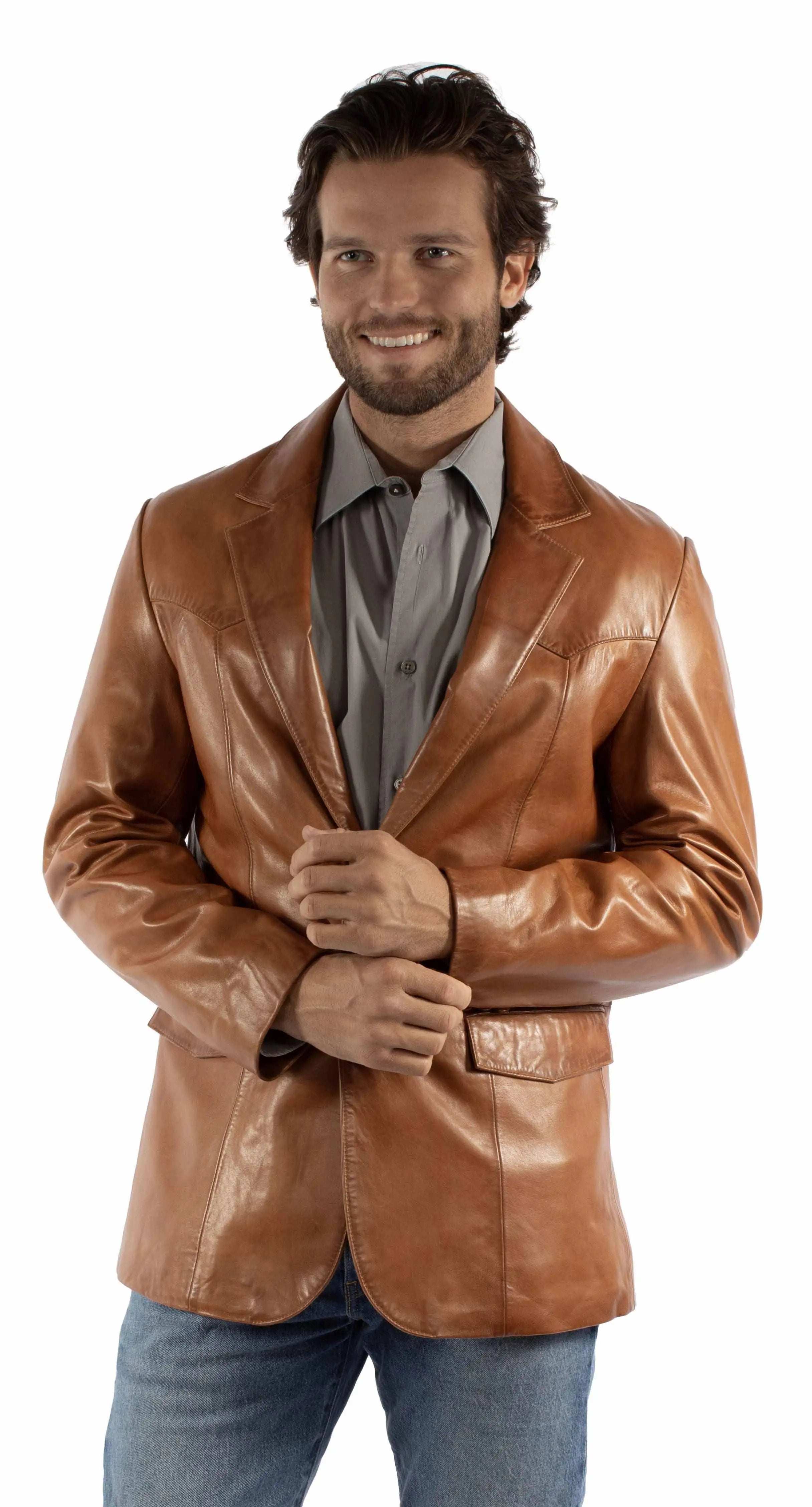 Leatherwear mens 100% leather Antique cognac Mens blazer - Scully Leather - Flyclothing LLC