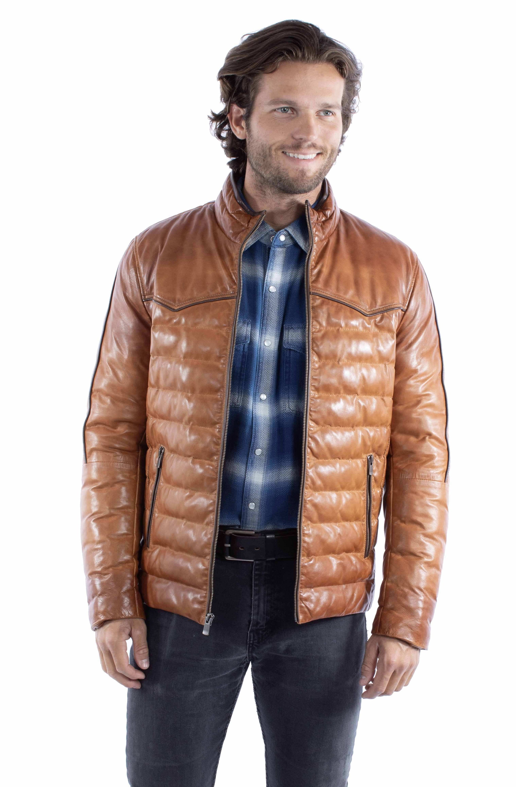 Leatherwear mens 100% leather Cognac soft lamb Mens jacket - Scully Leather - Flyclothing LLC