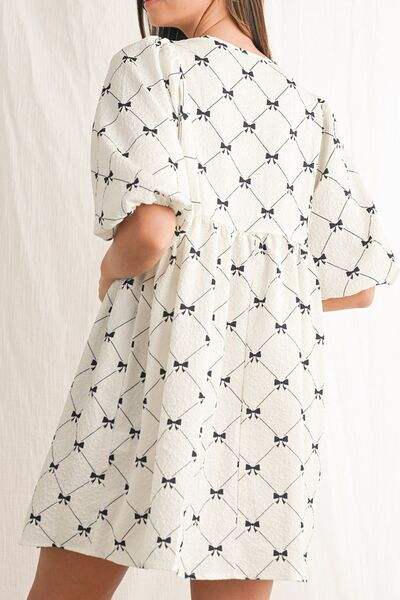 Bow Print Tie Neck Half Sleeve Dress - Trendsi - Flyclothing LLC