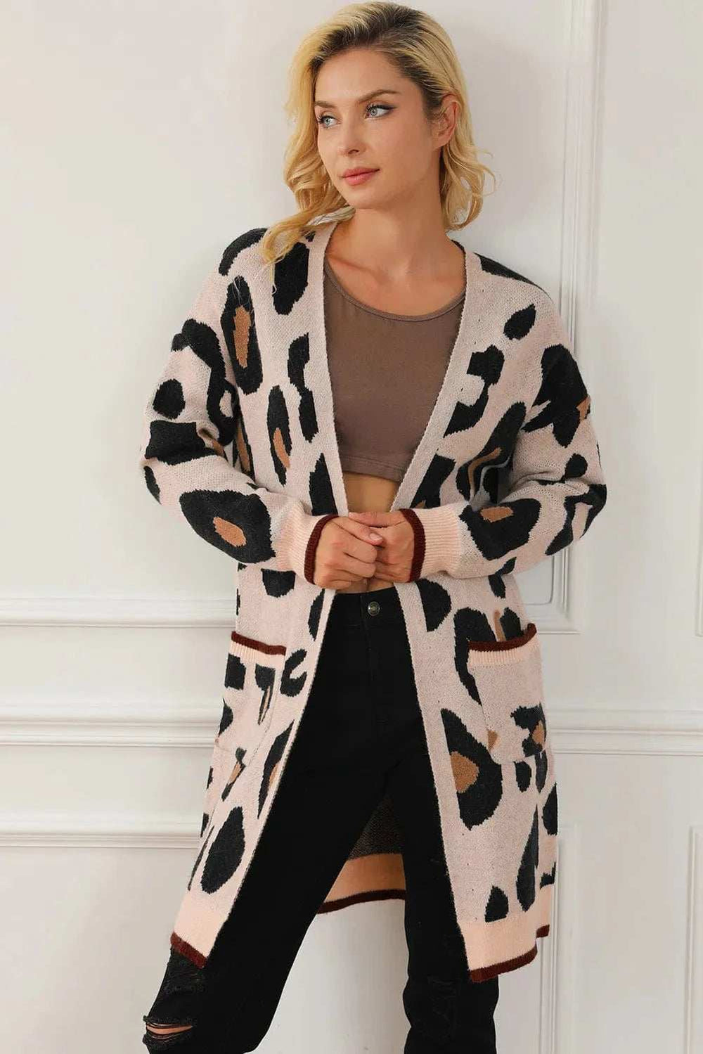 Leopard Open Front Long Sleeve Cardigan - Trendsi - Flyclothing LLC