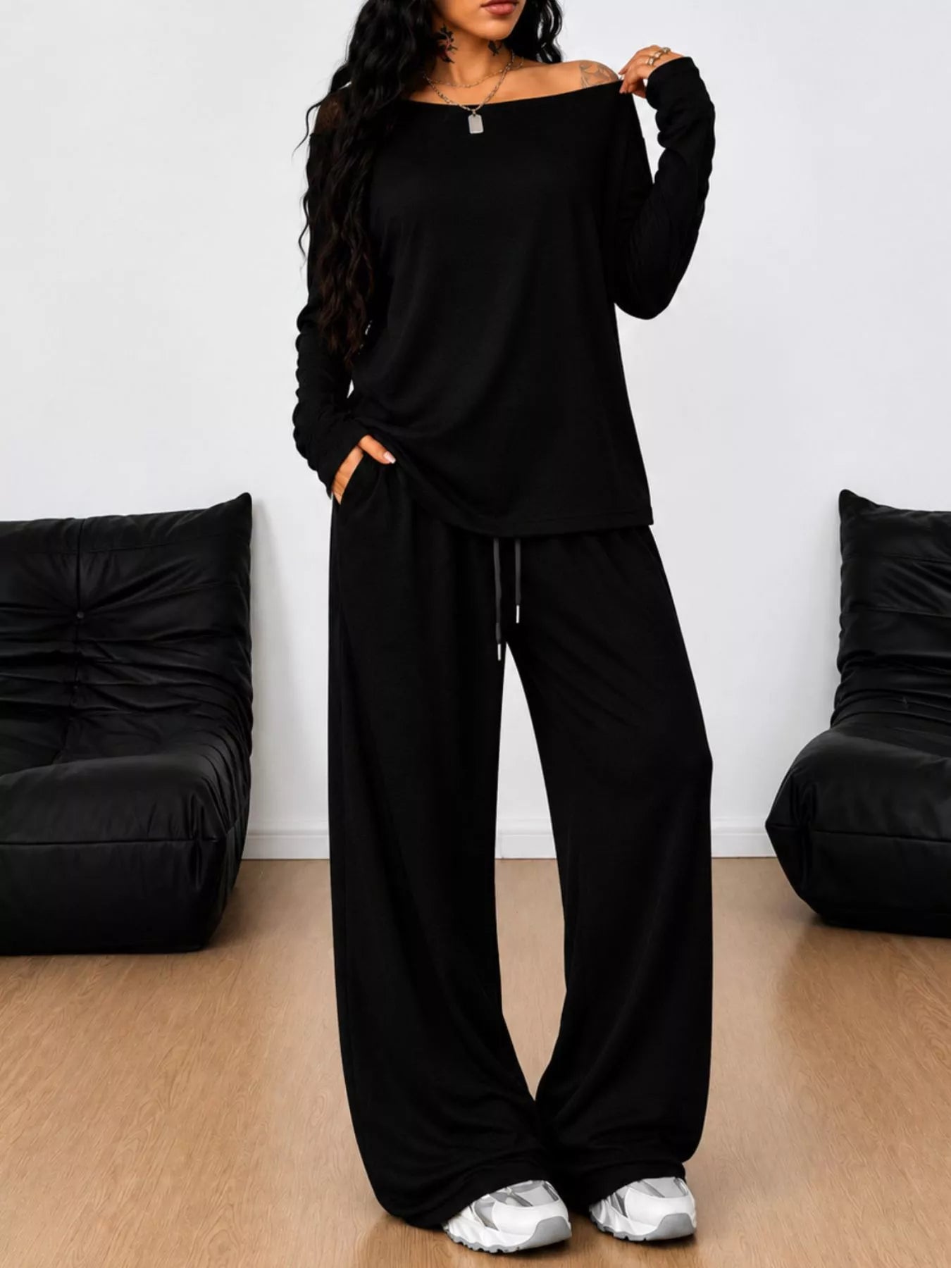 Full Size Comfortable Loose Fit One-Shoulder T-Shirt and Pants Set Plus Size - Trendsi - Flyclothing LLC