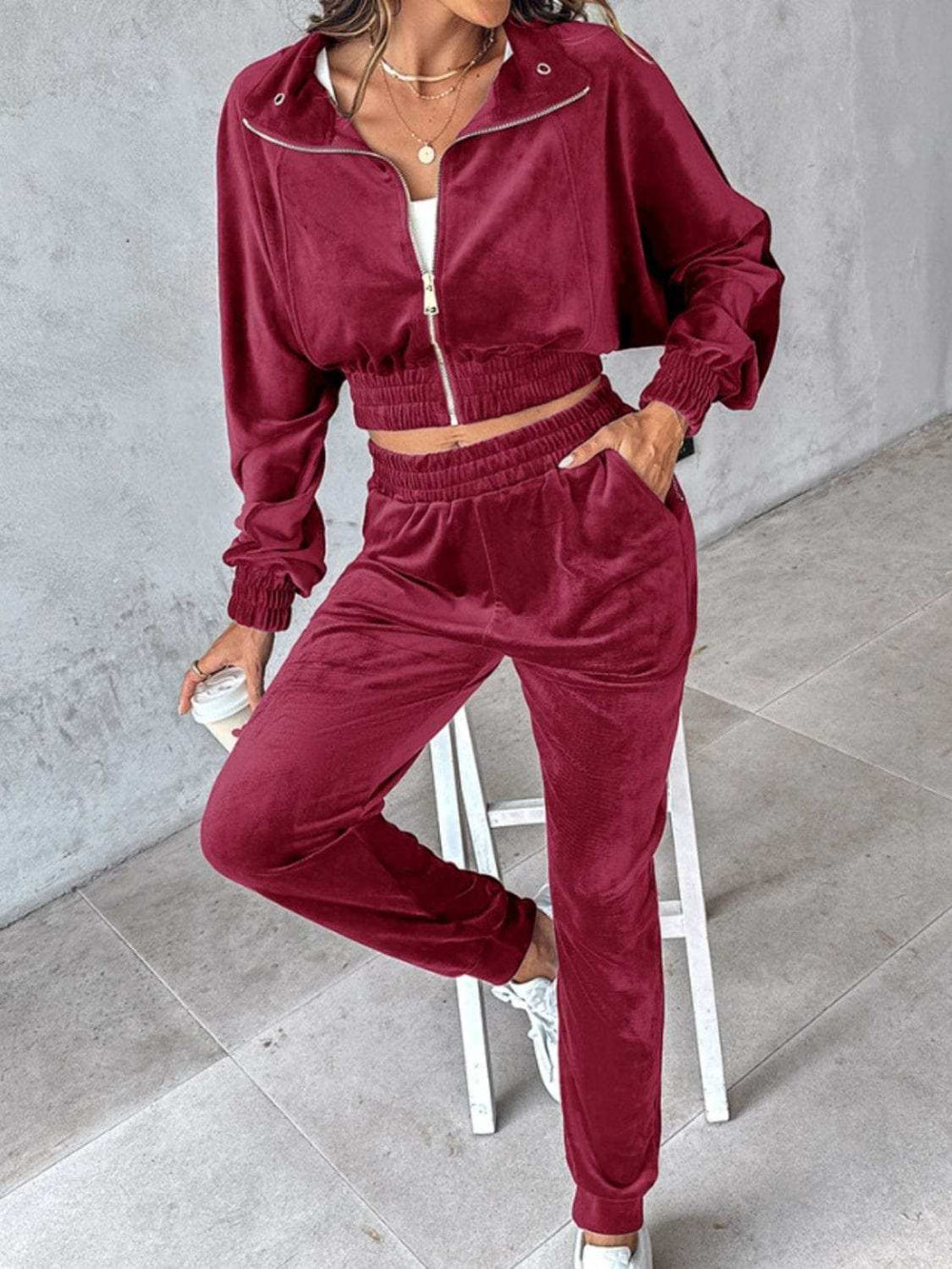Zip Up Long Sleeve Cropped Top and Joggers Set - Trendsi - Flyclothing LLC