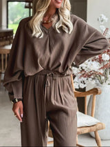 Braided V Neck Long Sleeve Loose Top and Drawstring High Waist Pants 2pcs Outfit - Trendsi - Flyclothing LLC