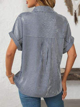 Mandy Pocketed Striped Collared Neck Short Sleeve Shirt - Trendsi - Flyclothing LLC