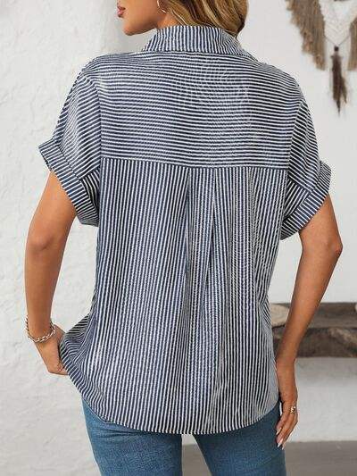 Mandy Pocketed Striped Collared Neck Short Sleeve Shirt - Trendsi - Flyclothing LLC
