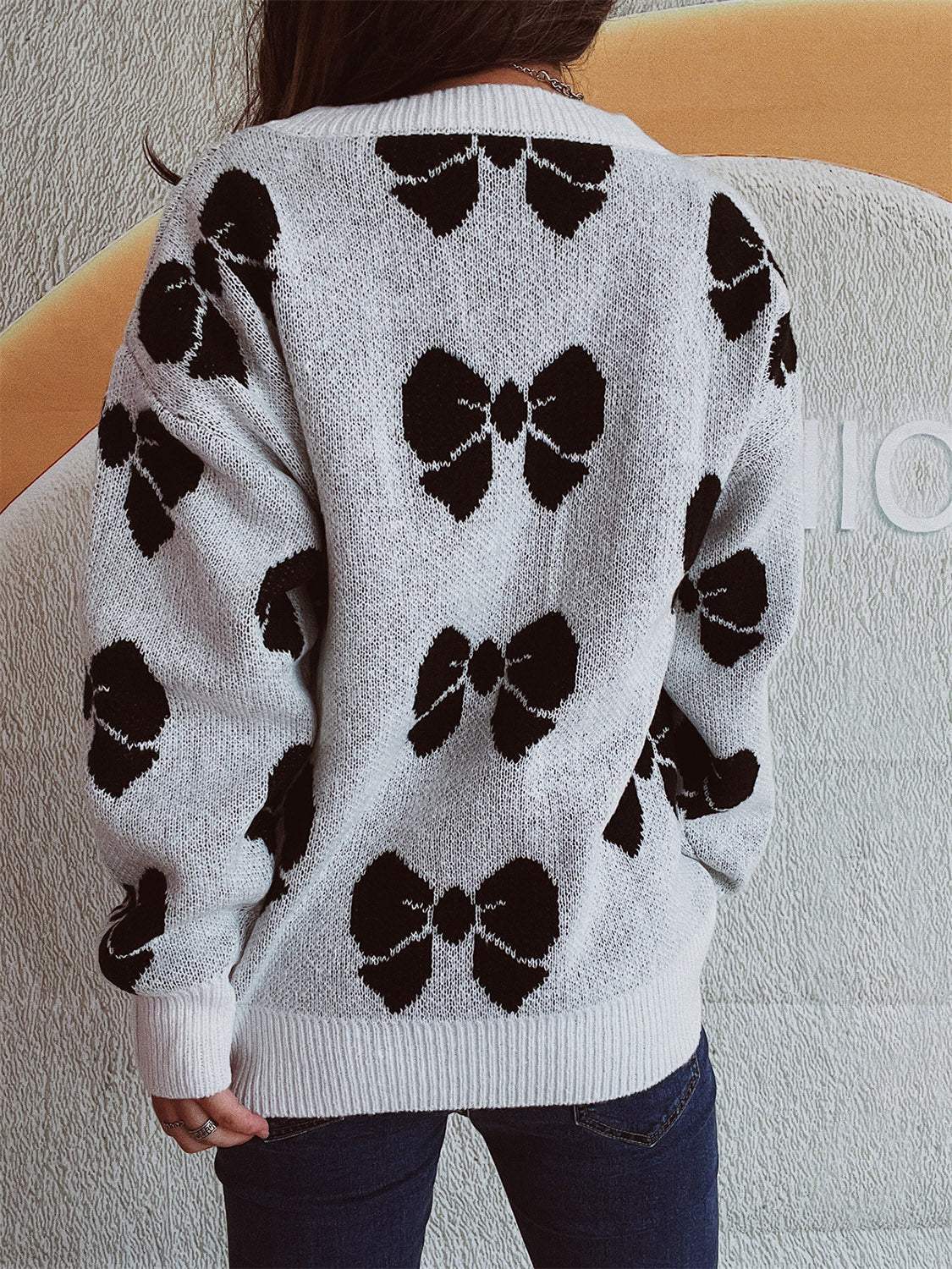 Bow Round Neck Dropped Shoulder Sweater - Trendsi - Flyclothing LLC