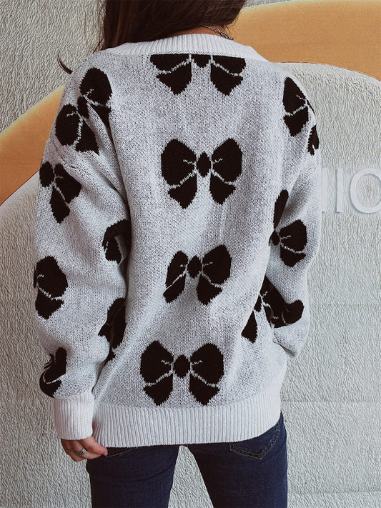 Bow Round Neck Dropped Shoulder Sweater - Trendsi
