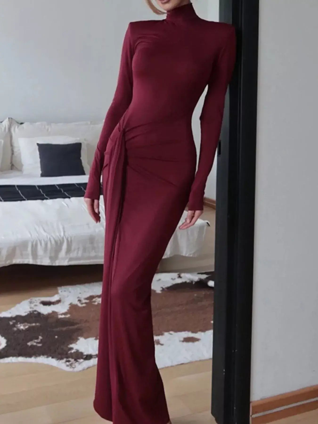 Turtleneck Long Sleeve Slit Maxi Dress - Trendsi - Flyclothing LLC