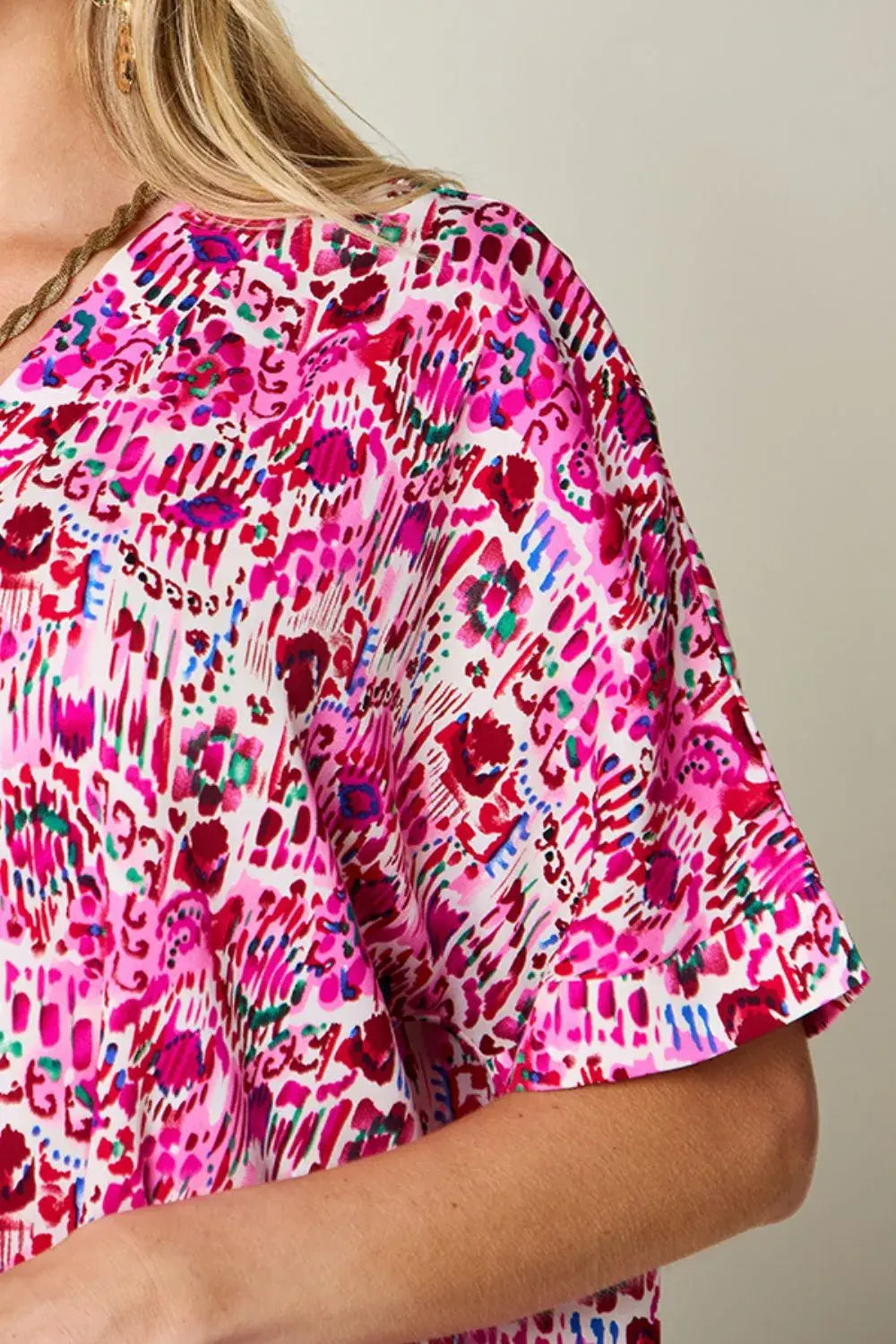 Double Take Full Size Printed V-Neck Short Sleeve Blouse - Trendsi - Flyclothing LLC