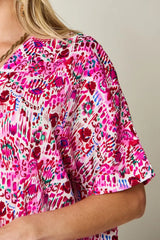 Double Take Full Size Printed V-Neck Short Sleeve Blouse - Trendsi - Flyclothing LLC