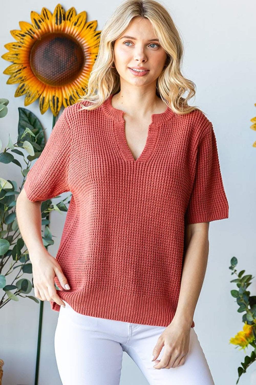 First Love Notched Short Sleeve Knit Top - Trendsi - Flyclothing LLC