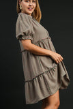 Umgee Full Size Plaid Frill Button Detail Ruffled Short Sleeve Dress Plus Size - Trendsi