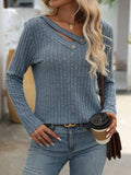 Ribbed V-Neck Long Sleeve T-Shirt - Trendsi - Flyclothing LLC