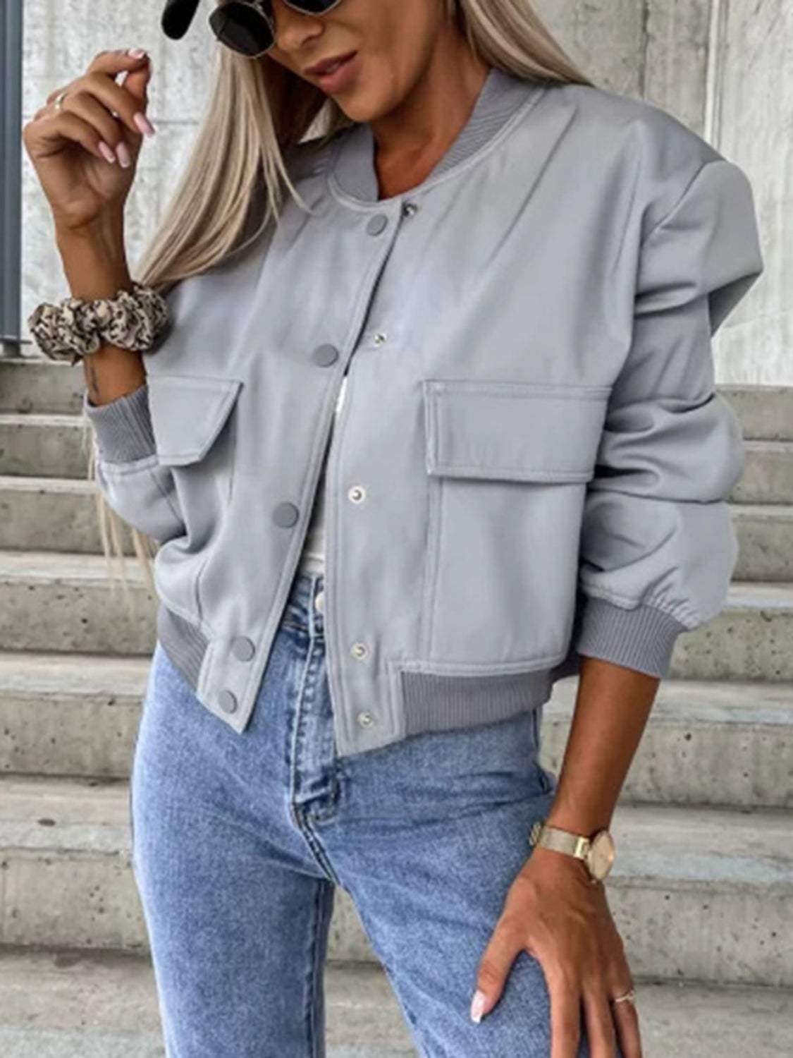Baseball Collar Dropped Shoulder Jacket - Trendsi - Flyclothing LLC