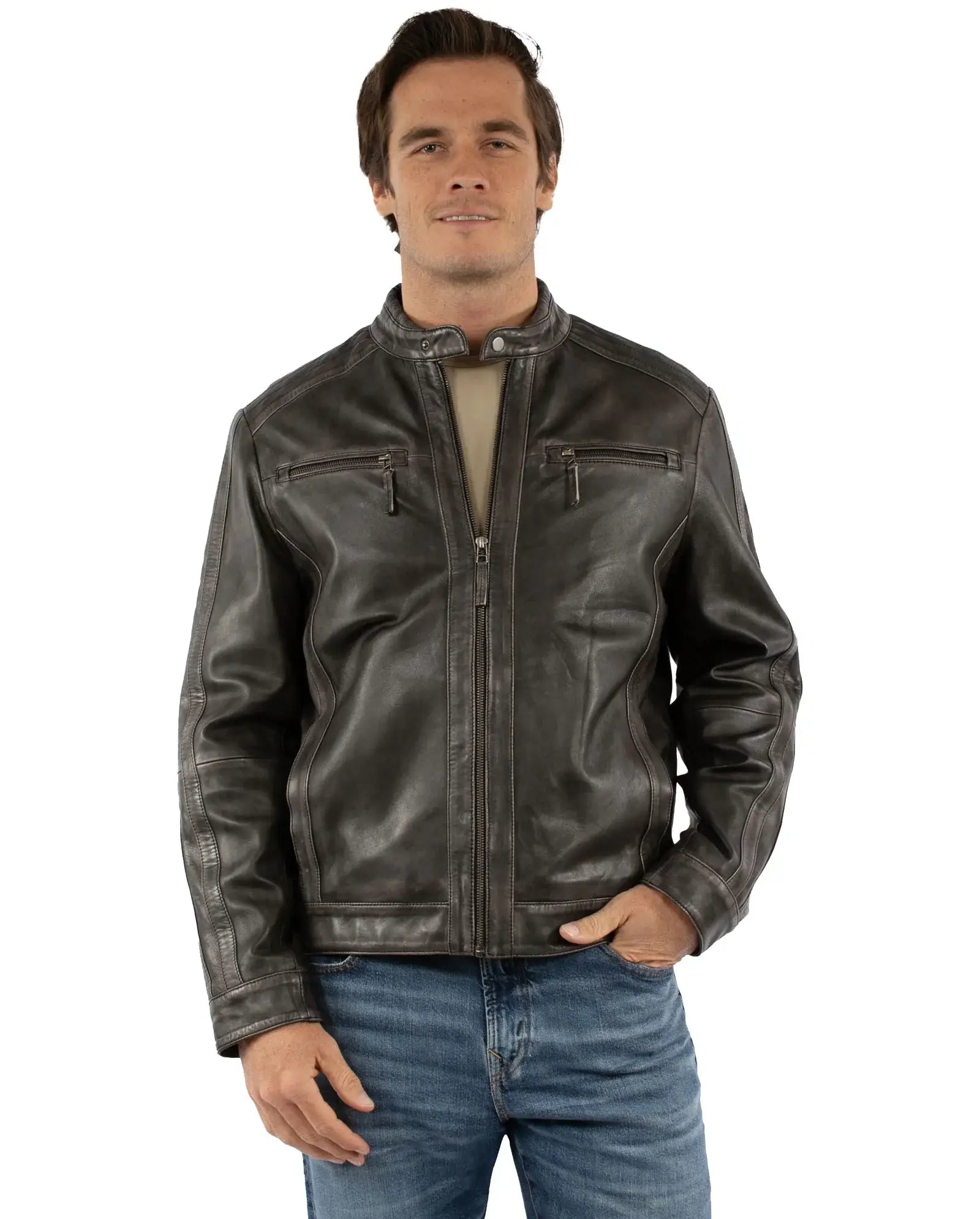 leatherwear mens vintage black 50% leather 50% polyester men's zip front jacket - Scully Leather - Flyclothing LLC