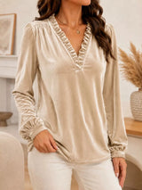 V-Neck Ruffle Trim Velvet Blouse - Trendsi - Flyclothing LLC