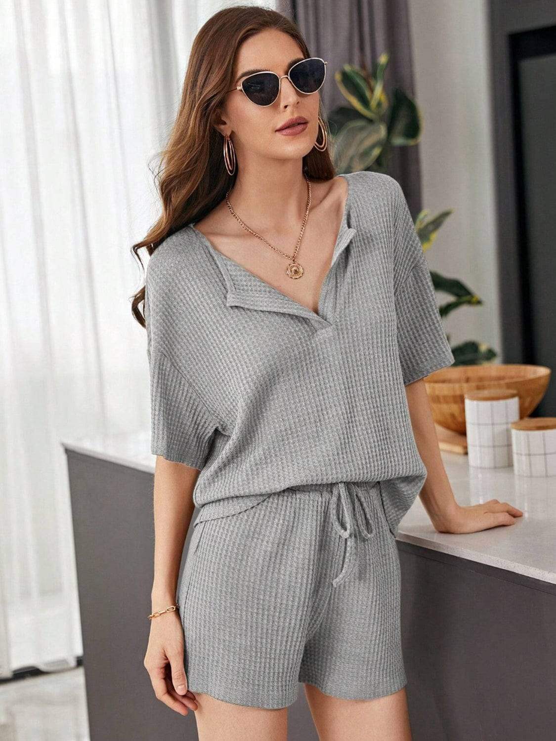 Full Size Waffle-Knit Dropped Shoulder Top and Shorts Set - Trendsi - Flyclothing LLC